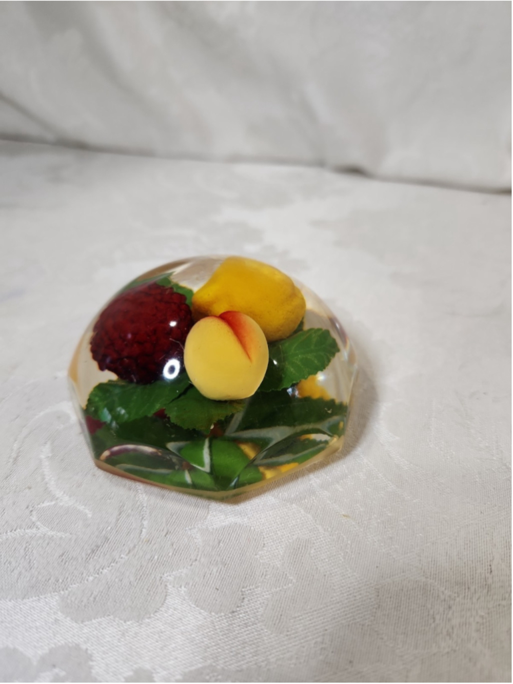 Vtg 1970s Lucite Fruit Jam Jar Lid Octagon Dome Fruit Inclusion, Kitsch